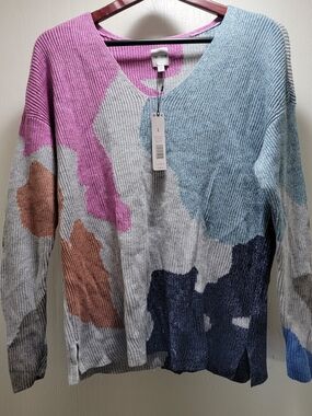 NIC+ZOE Multicolor Abstract V-Neck Sweater — Pink, Blue, Brown, Navy, Light Gray
